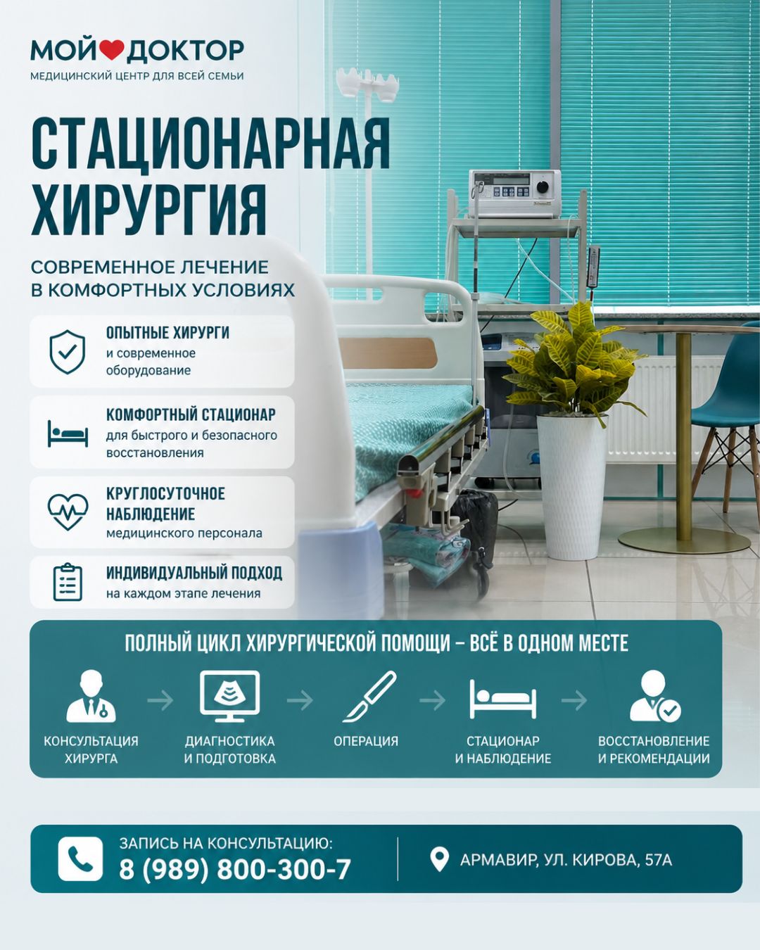 В Центре стационарной хирургии клиники «Мой Доктор» пациенты после плановых операций находятся в комфортных палатах под круглосуточным наблюдением медицинского персонала